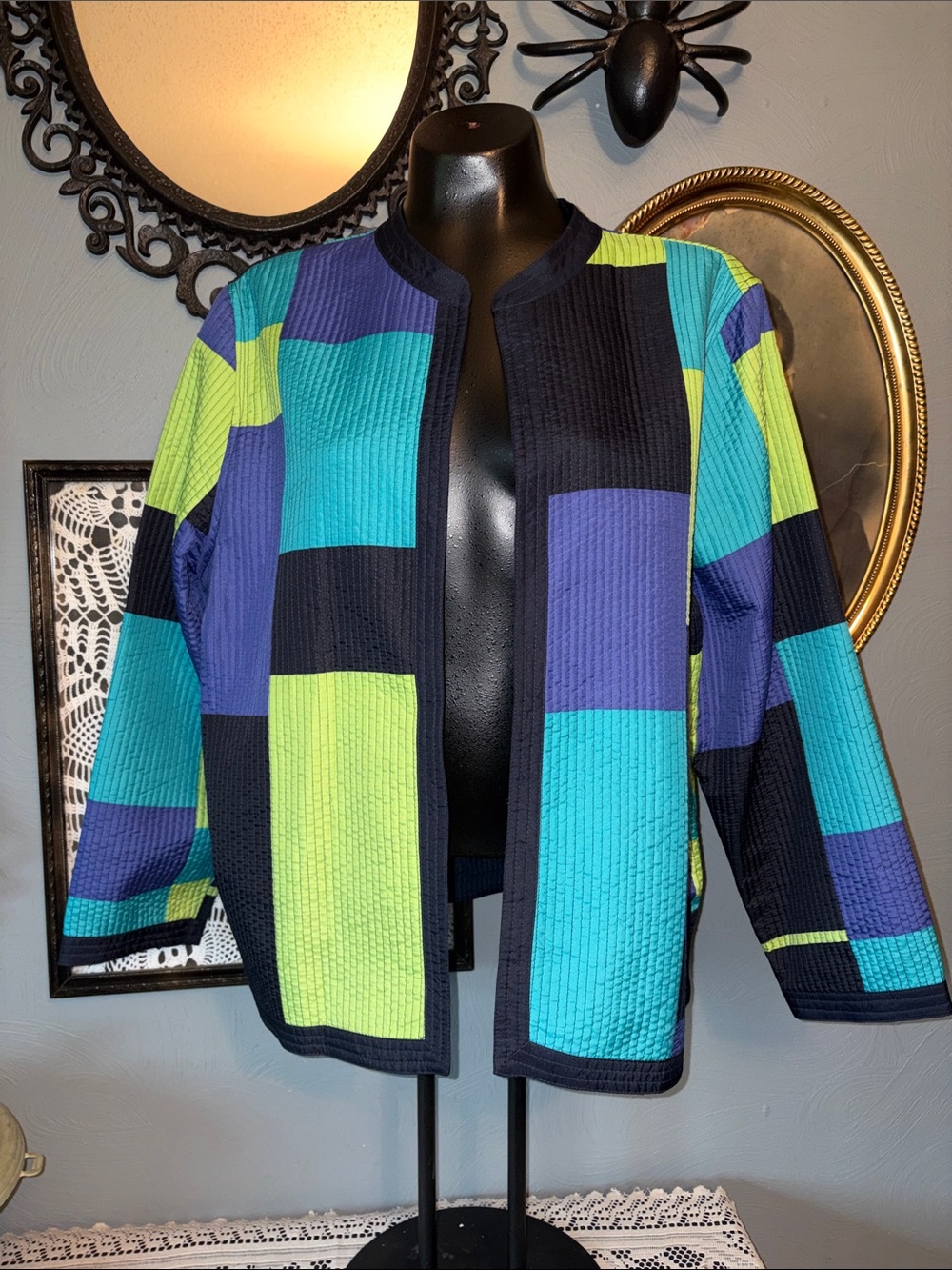 Alfred Dunner Colorblock Open-Front Jacket in Teal, Lime & Navy